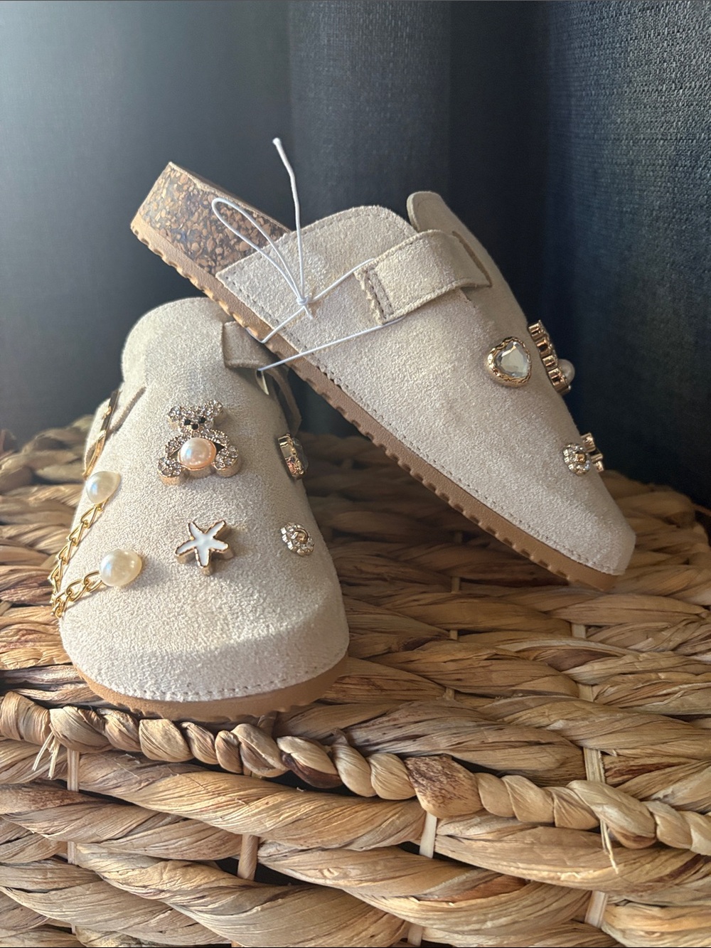 Girls Beige Embellished Slip-On Mules with Jewel Accents